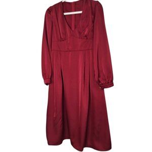 Whimsigoth Red Satin Midi Dress  Medium Long Sleeve Deep V-Neck Old Hollywood